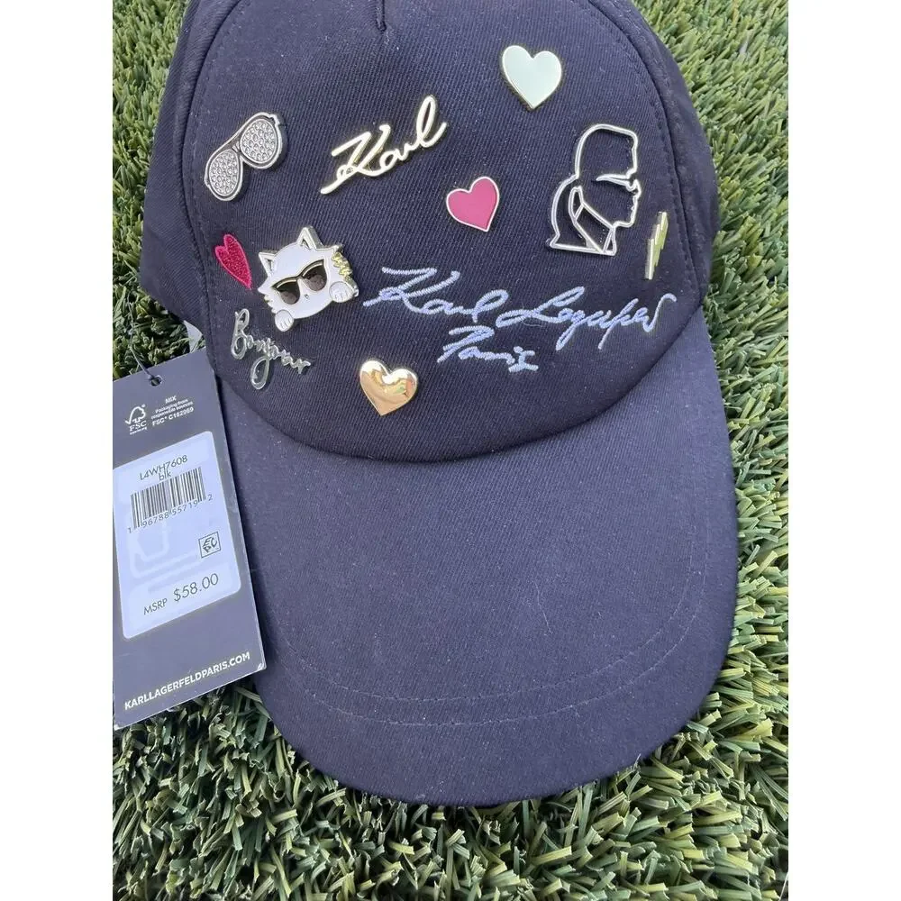 KARL LAGERFELD Silhouette‎ Hat Signature Logo, Pin, Embroidery Adjustable NEW!